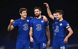 15.02.21 - Chelsea V Newcastle United (Home) Prints: Chelsea's Olivier Giroud and Marcos Alonso Celebrate First Goal in Empty Stamford Bridge