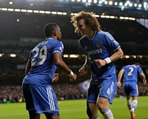 Chelsea v Manchester United 19th January 2014 Collection: Chelsea's Samuel Eto'o and David Luiz: A Dynamic Duo Celebrates Goal Against Manchester United
