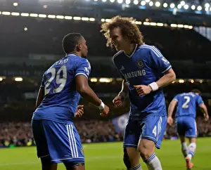 Football Mid Length Half Prints: Chelsea's Samuel Eto'o and David Luiz: A Dynamic Duo Celebrates Goal Against Manchester United (January 19)
