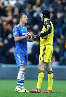 Images Dated 11th January 2014: Chelsea's Terry and Cech Celebrate Record-Breaking Clean Sheet vs. Hull City (January 11, 2014)