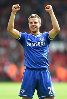 Images Dated 27th April 2014: Chelsea's Triumph at Anfield: Cesar Azpilicueta's Victory Celebration (Liverpool vs Chelsea)