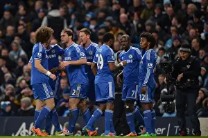 Chelsea's Unforgettable Moment: Jubilant Celebration of Ivanovic's Goal Against Manchester City (BPL, Etihad Stadium, 3rd February 2014) - Luiz, Ivanovic, Matic, Eto'o, Ramires, and Willian Rejoice