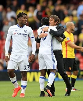 Images Dated 20th August 2016: Chelsea's Victory Celebration: Conte and Moses Rejoice at Watford's Vicarage Road - Premier League
