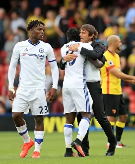 Soccer Football Prints: Chelsea's Victory Celebration: Conte and Moses Rejoice at Watford's Vicarage Road - Premier League 2016/17