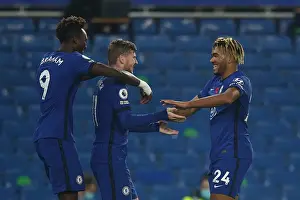 07.11.20 - Chelsea V Sheffield United (Home) Prints: Chelsea's Werner, Abraham, and James Celebrate Fourth Goal Against Sheffield United (07)