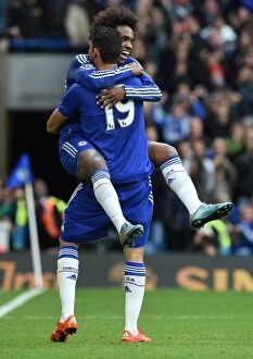 Images Dated 17th October 2015: Chelsea's Willian and Diego Costa: Celebrating Costa's First Goal Against Aston Villa (October 2015)