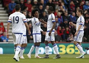 Images Dated 23rd April 2016: Chelsea's Willian and John Obi Mikel: A Celebration of Goal Number Three Against AFC Bournemouth