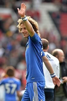 Images Dated 5th May 2013: David Luiz Salutes Chelsea Fans at Old Trafford: A Heartfelt Moment After Manchester United vs