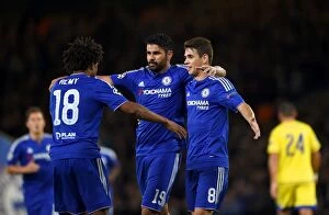 Images Dated 16th September 2015: Diego Costa's Hat-Trick: Celebrating with Remy and Oscar in Chelsea's UEFA Champions League