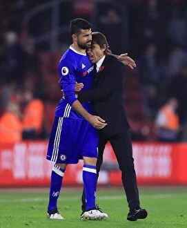 Images Dated 30th October 2016: Diego Costa's Triumph: Embraced by Antonio Conte after Chelsea's Win at Southampton