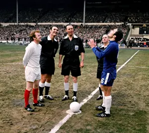 FA Cup Final: Chelsea vs. Leeds United - Captains Await Coin Toss: Bremner (Leeds), Harris (Chelsea), Jennings (Referee)