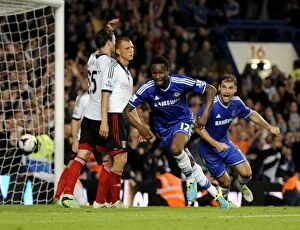 Images Dated 21st September 2013: Jon Obi Mikel's Euphoric Moment: Chelsea's Second Goal Against Fulham (Sept 21, 2013)