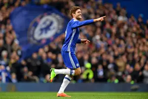 Home Prints: Marcos Alonso Scores the Opener: Thrilling Rivalry - Chelsea vs. Arsenal in Premier League