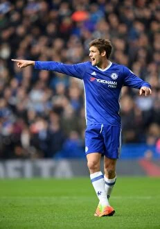 Images Dated 4th February 2017: Marcos Alonso Signaling: Chelsea vs. Arsenal, Premier League Showdown at Stamford Bridge