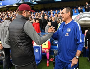 Soccer Collection: Maurizio Sarri and Jurgen Klopp Pre-Match Greeting at Stamford Bridge: Chelsea vs