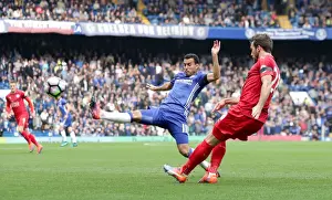 Soccer Football Full Length Prints: Pedro vs Fuchs: Intense Battle for Ball Possession in Chelsea vs Leicester City Premier League Clash at Stamford Bridge