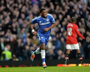 Images Dated 19th January 2014: Samuel Eto'o's Thrilling Goal Celebration vs. Manchester United (Chelsea, Barclays Premier League)