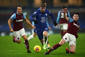 Images Dated 22nd December 2020: Timo Werner Escapes Declan Rice: Intense Moment from Chelsea vs. West Ham United (December 2020)